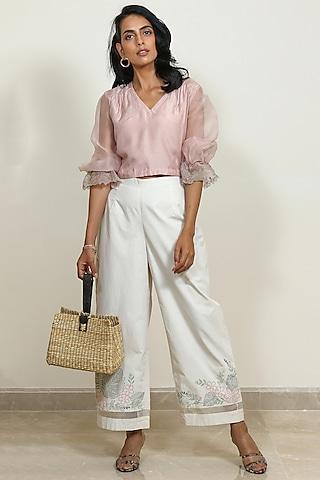 peach cotton silk embroidered blouse