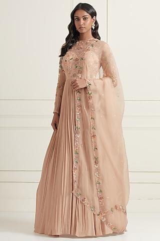 peach crepe & organza hand embroidered gown with dupatta
