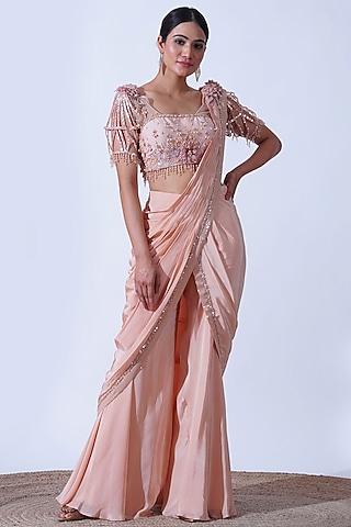 peach crepe & silk draped palazzo saree set