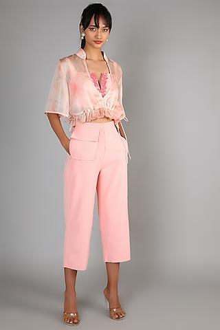peach crepe cropped pant set for girls
