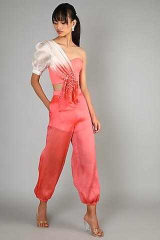 peach crepe pant set with bustier for girls