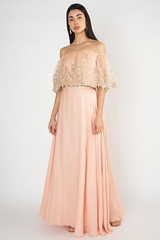 peach crop top with attached embroidered cape & skirt