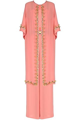 peach crop top with palazzo pants and embroidered cape set