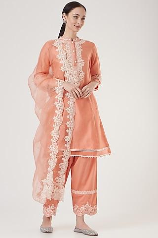 peach dori embroidered kurta set for girls