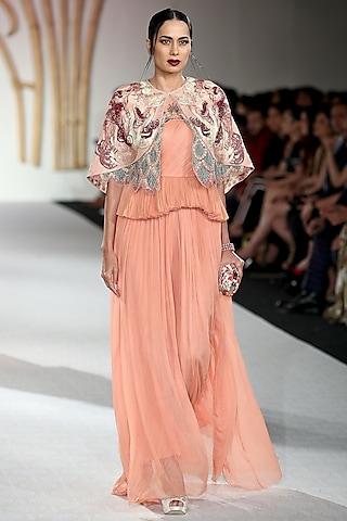 peach drape gown with embroidered cape