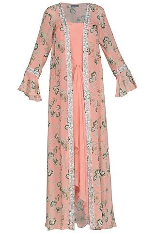 peach draped dress with printed embroidered jacket