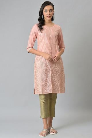 peach embellished ethnic round neck 3/4th sleeves women straight fit kurta