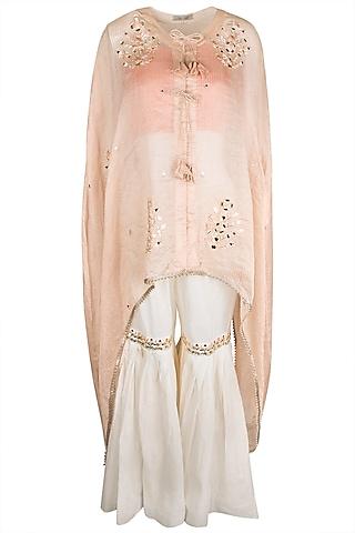 peach embroidered cape with crop top & pants