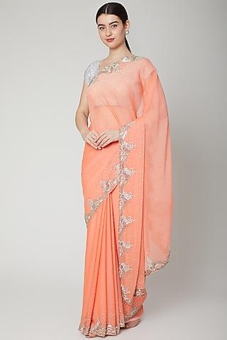 peach embroidered chiffon saree