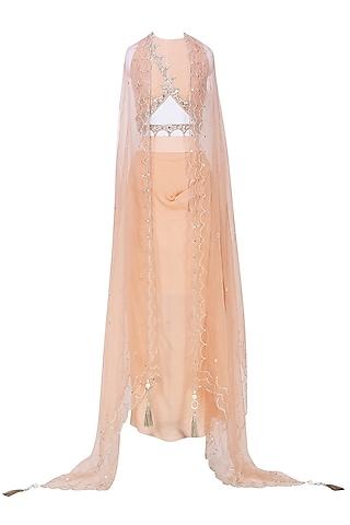 peach embroidered crop top and cape with drape skirt