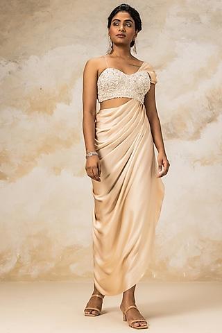 peach embroidered draped gown with corset blouse