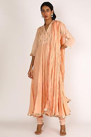 peach embroidered frilled kurta set for girls