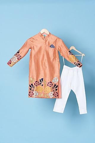 peach embroidered kurta set for boys