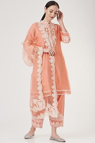 peach embroidered silk chanderi kurta set