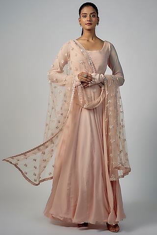 peach flat chiffon & net gown with dupatta