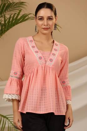 peach-floral-embroidered-peplum-intricate-kantha-work-tunic-with-lace---peach