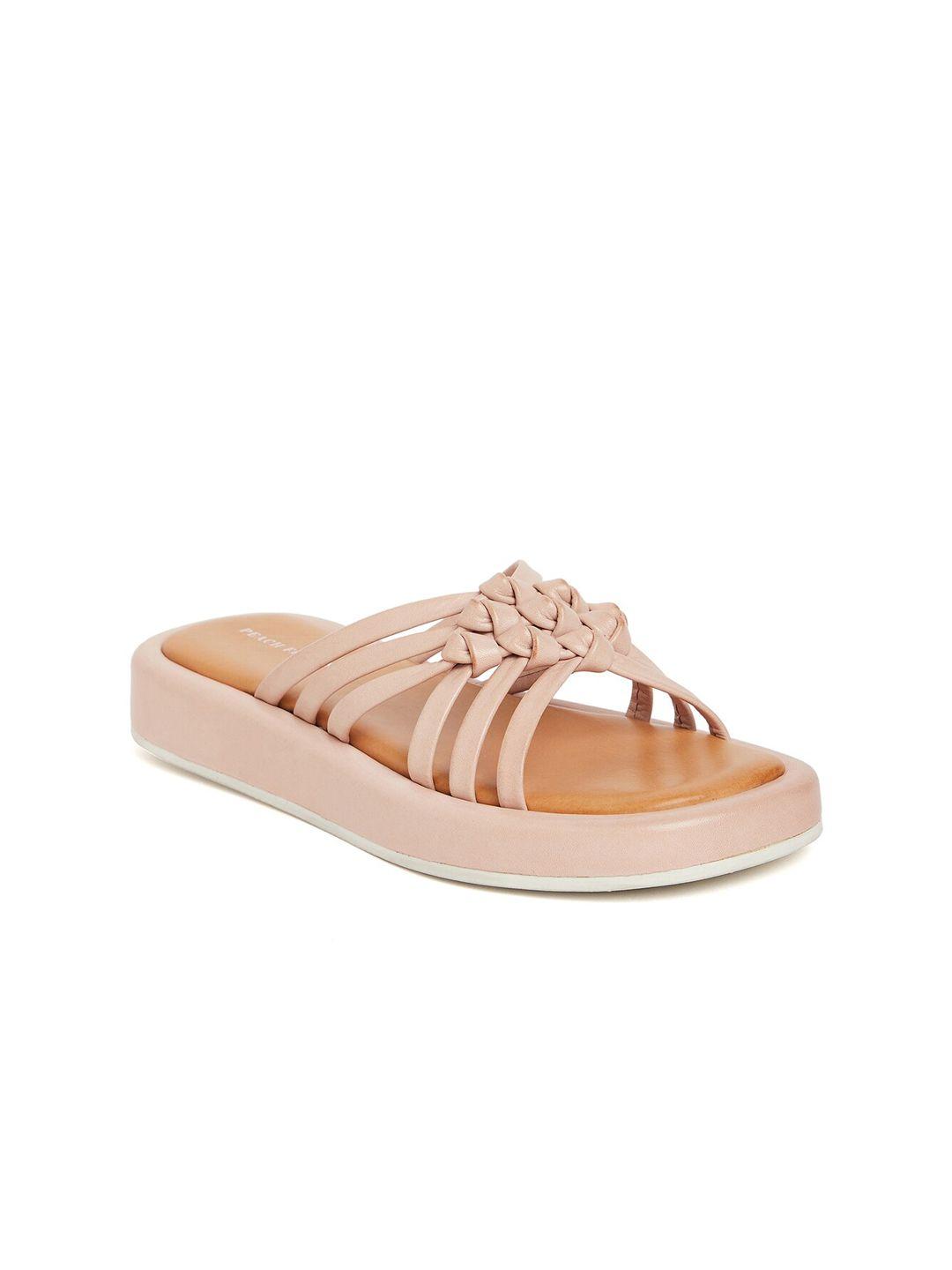 peach flores knotted leather open toe flats