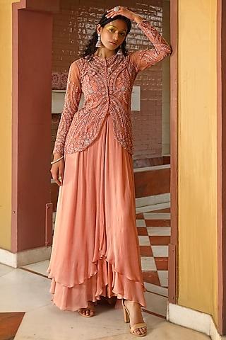 peach georgette & organza embroidered gown sharara with jacket