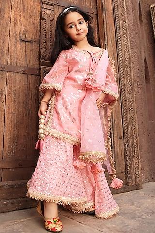 peach georgette embroidered sharara set for girls