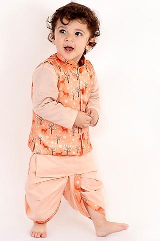 peach kurta set with printed nehru jacket for boys