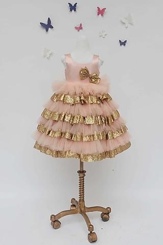 peach multi layered dress with bow for girls