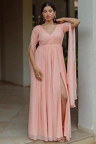peach overlap gown with ruched bodice