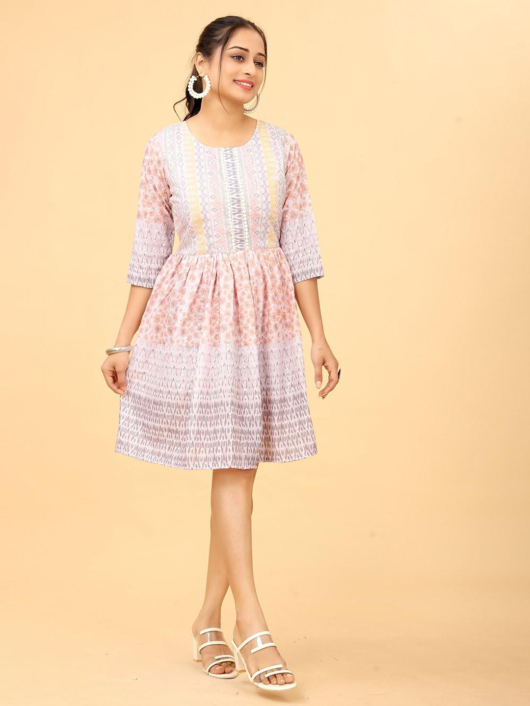 peach piper geometric printed pleated cotton fit and flare