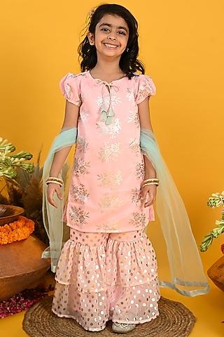 peach poly georgette printed & embroidered sharara set for girls