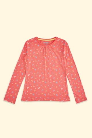 peach printed casual full sleeves round neck girls regular fit t-shirt