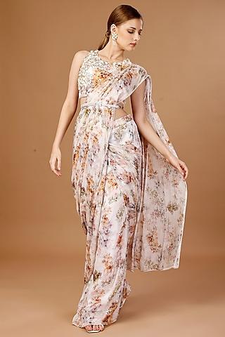 peach printed chiffon floral printed pre-draped skirt saree set
