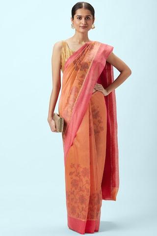 peach printeded cotton polyester sari