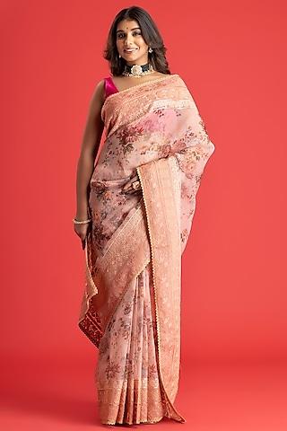 peach pure organza digital print & lucknowi embroidered saree set