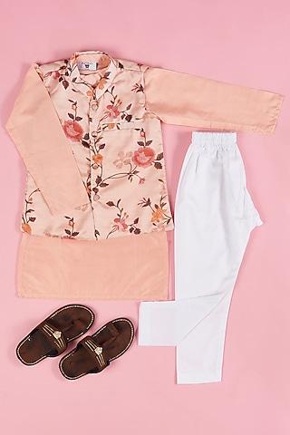 peach silk floral printed bundi jacket with kurta set for boys