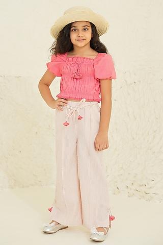 peach soft cotton striped pant set for girls