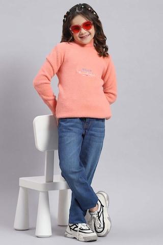 peach solid casual full sleeves high neck girls regular fit sweater