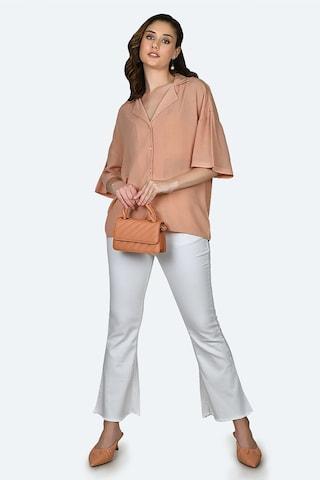 peach solid casual half sleeves regular collar women regular fit shirt