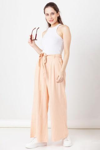 peach solid full length casual women regular fit trousers