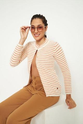 peach stripe casual full sleeves round neck women regular fit cardigan