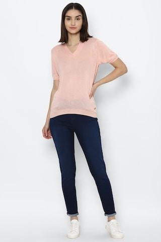 peach stripe casual half sleeves v neck women regular fit t-shirt
