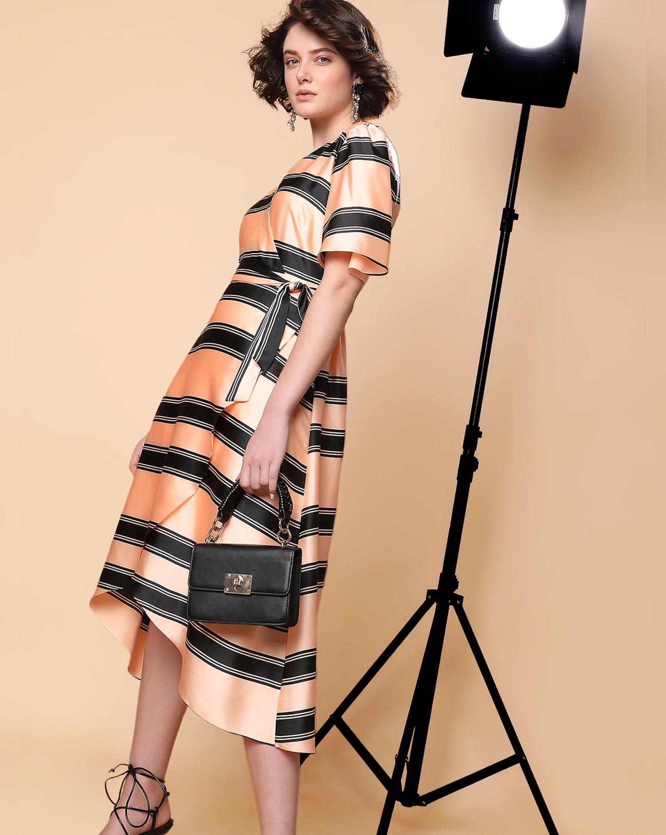 peach striped fit & flare wrap dress