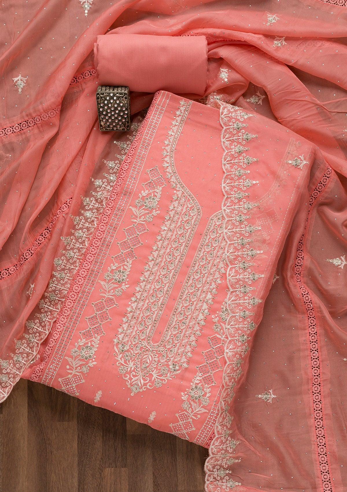 peach swarovski tissue unstitched salwar suit