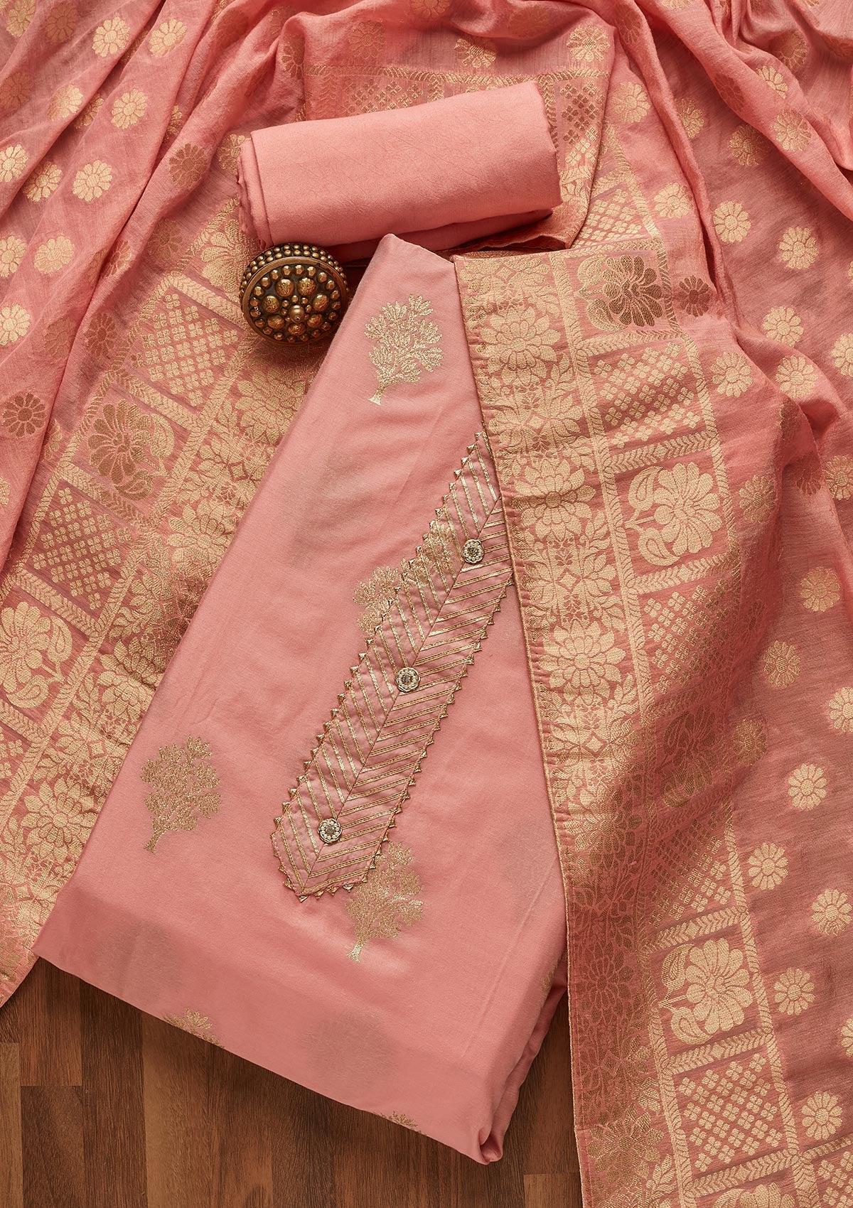 peach zariwork art silk unstitched salwar suit