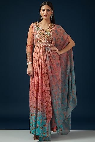 peach & blue flat chiffon printed draped anarkali set