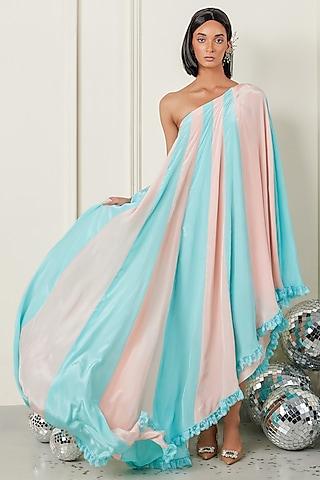 peach & blue satin one-shoulder maxi dress