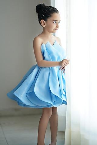 peach & blue tissue petal embroidered tulip dress for girls