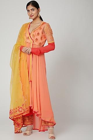 peach & coral angrakha anarkali set