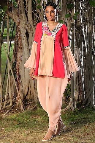 peach & gajjari coral hand embroidered pleated tunic set