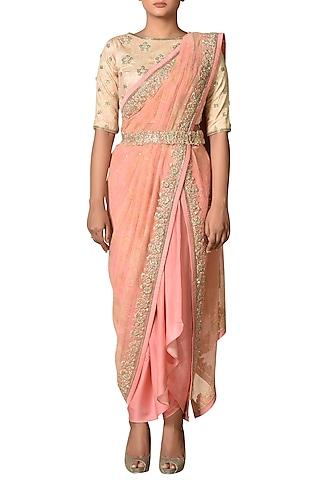 peach & gold embroidered saree set