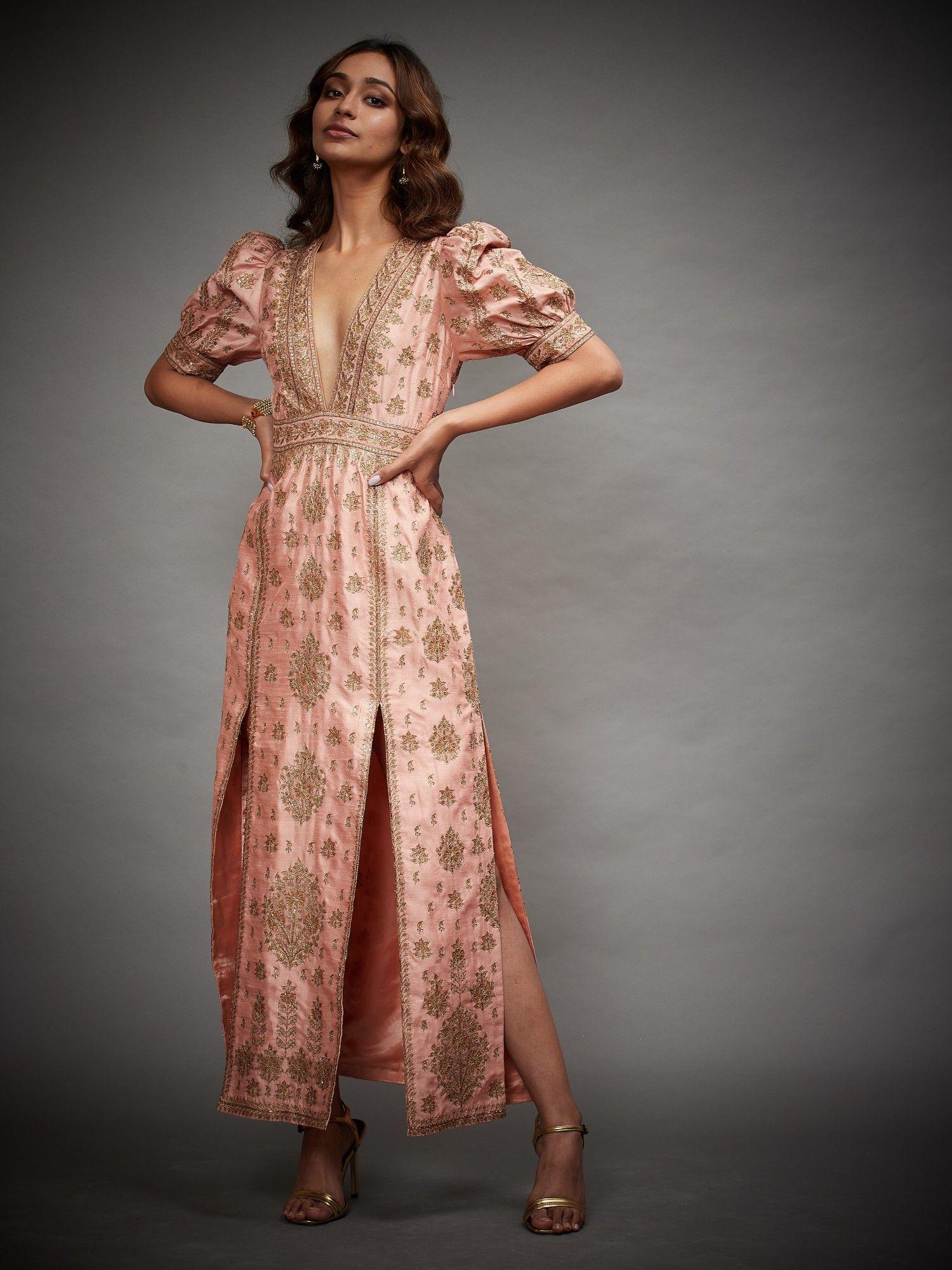 peach & gold satnam embroidered dress