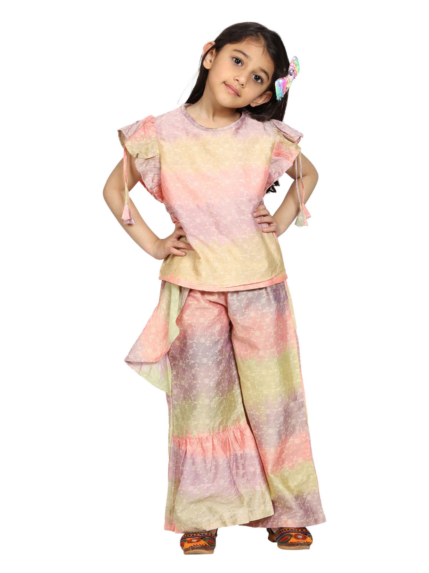 peach & green girls frill sleeve top & palazzo pant (set of 2) (12-14 years)